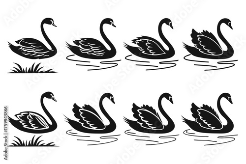 Minimalist swan outline icon set with black yellow cyan magenta colors