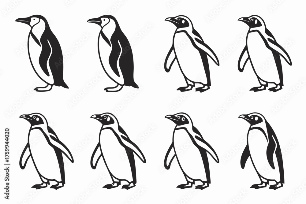 Fototapeta premium Minimal penguin outline icon set in black yellow cyan magenta