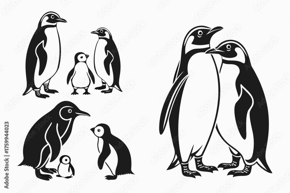 Naklejka premium Minimalist penguin family icon set with black yellow cyan and magenta colors