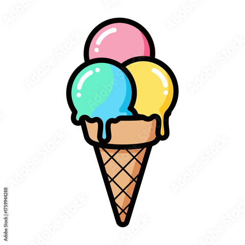 Colorful ice cream cone with three scoops of different flavors.