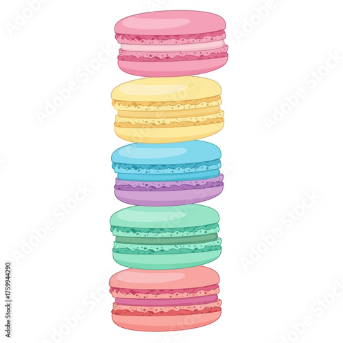 Colorful Stack of Delicious Macarons on White Background.