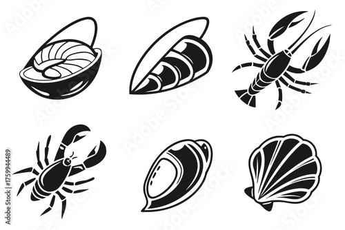 Minimalist mussel shell icon set with nautical elements