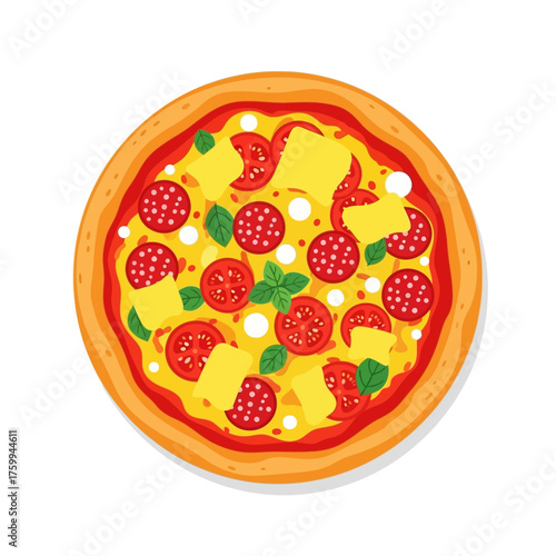 Delicious pizza with pepperoni, cheese, tomatoes, and basil on white background.