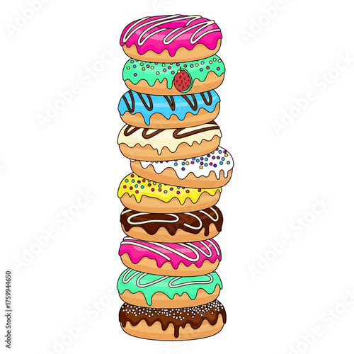 Delicious Stack of Colorful Donuts with Various Frosting and Sprinkles.