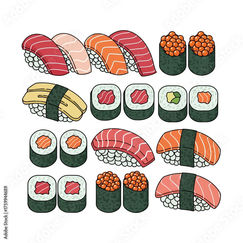 Delicious sushi assortment with various types and flavors for culinary enjoyment.