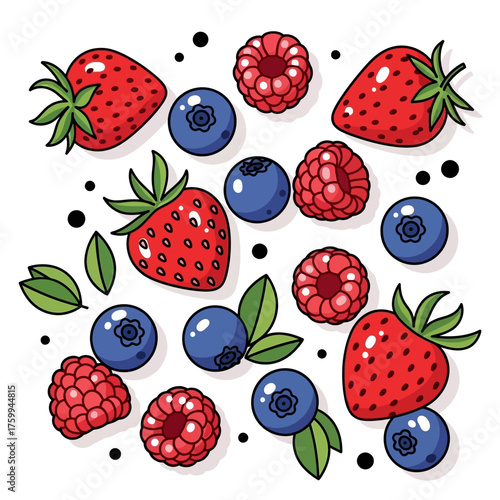 Fresh berries arrangement with strawberries, raspberries, and blueberries.