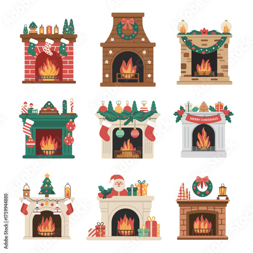 Christmas Fireplace Vector Illustration Featuring Burning Firewood, Holiday Socks, Santa Figure, and Gifts for Seasonal Decor and Warm Winter Celebration Designs