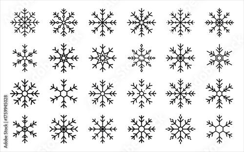 Collection of intricate black and white snowflake illustrations