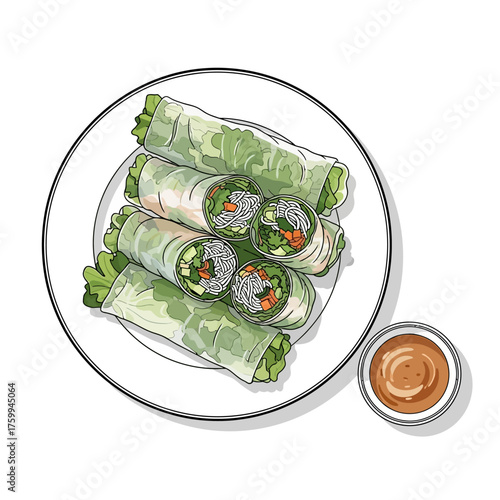 Fresh Vietnamese spring rolls with peanut dipping sauce.