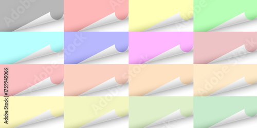 Curled paper corners curve page collection of colorful papers with curl torn page of piece sheets minimalist design soft light note background, realistic curled paper corners set isolated background.