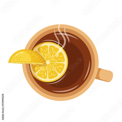 Hot lemon tea in a wooden mug, top view.