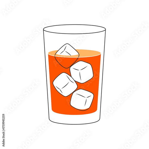 Refreshing orange drink with ice cubes in a glass.