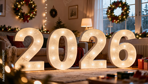 Giant 2026 marquee numbers glowing in a festive living room