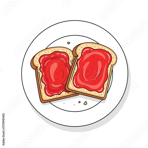 Two slices of toast with strawberry jam on a white plate.