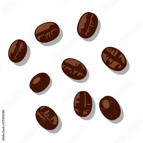 Coffee beans scattered on white background, close up.