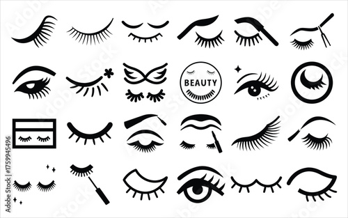 Collection of stylized black and white eyelash and eye illustrations
