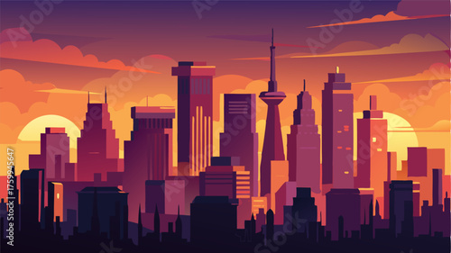 Against the warm glow of the sky the citys skyline at dusk is a symphony of shapes and colors a feast for the eyes.