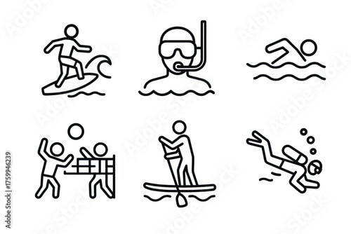 Icon set: surfing, snorkeling, swimming, beach volleyball, paddleboarding, diving