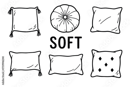 Collection of soft cushions: various shapes and patterns in black and white