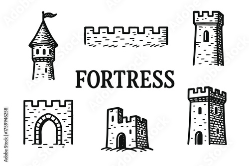 Medieval fortress elements: towers, battlements, and arched gateways