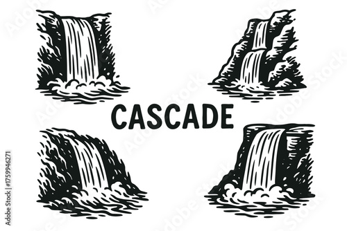 Vintage waterfall illustrations with bold cascade text