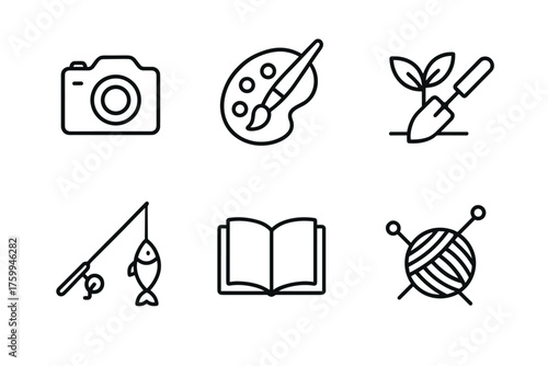 Collection of hobby icons: photography, painting, gardening, fishing, reading, knitting