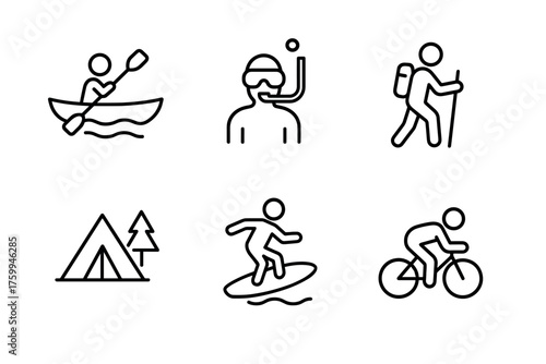 Outdoor adventure icons: kayaking, snorkeling, hiking, camping, surfing, biking