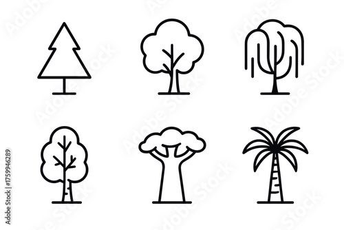 Collection of minimalist tree line art icons: pine, oak, willow, birch, baobab, palm
