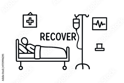 Patient recovery in hospital bed with iv drip and medical icons