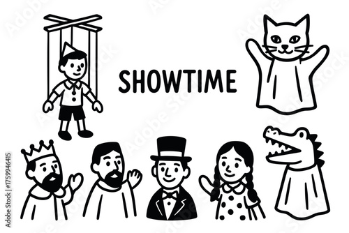 Puppet show with marionette, puppeteers, cat, and crocodile puppets