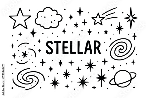 Stellar space doodles: stars, galaxies, and planets in black and white