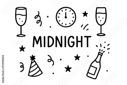 New year midnight celebration with champagne and party decorations