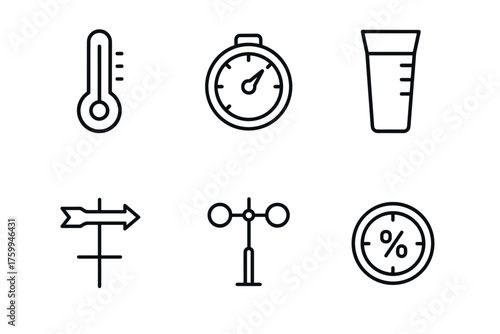 Outline weather icon set: thermometer, stopwatch, glass, wind vane, anemometer, hygrometer