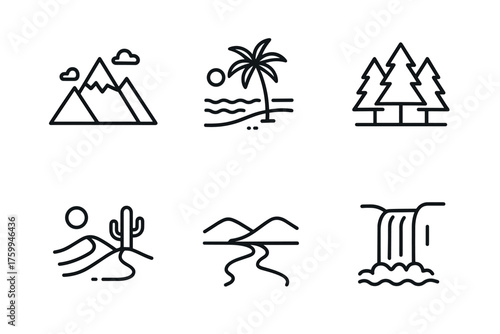 Minimalist line art landscapes: mountains, palm trees, forests, desert, rivers, waterfalls