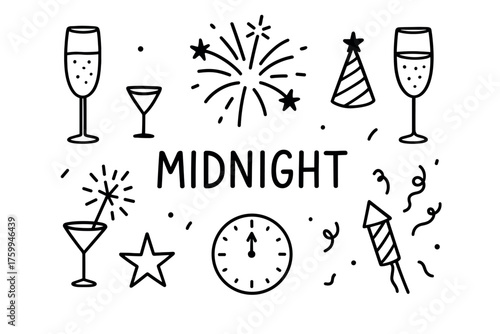 Festive midnight celebration with fireworks and party symbols in black and white line art