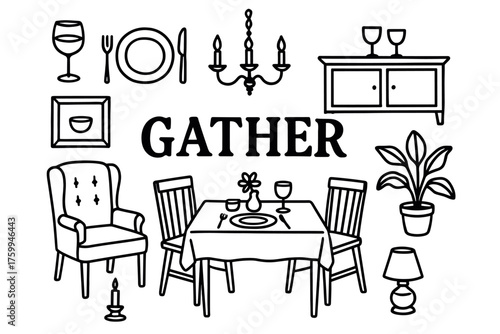 Dining room illustration: tableware, chairs, and decor elements
