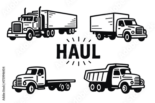 Variety of trucks: semi, box, flatbed, dump - haul illustration