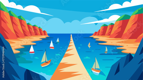 A narrow beach sandwiched between towering cliffs with a colorful array of sailboats dotting the horizon.