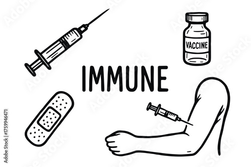 Immune concept: vaccine vial, syringe, arm, and bandage illustration