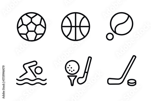 Outline icons of soccer, basketball, tennis, swimming, golf, and hockey equipment