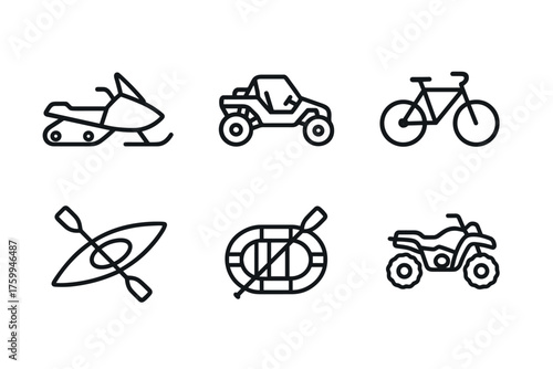 Outdoor adventure icons: snowmobile, dune buggy, bicycle, kayak, raft, atv