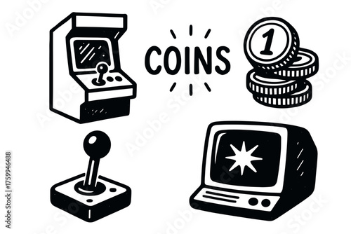 Retro gaming icons: arcade machine, coins, joystick, vintage monitor