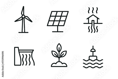 Renewable energy icons: wind, solar, geothermal, hydroelectric, biomass, wavepower