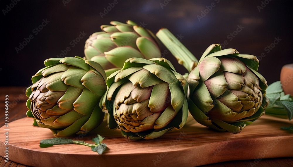 Fototapeta premium Close Up Of Fresh Artichokes On A Wooden Board