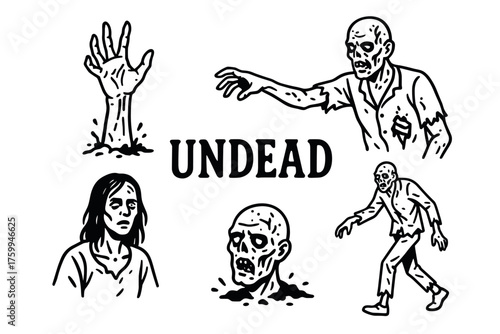 Undead creatures and zombies in various positions and styles