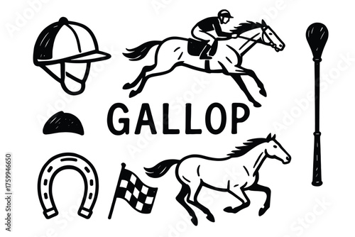 Equestrian gallop: icons of horse riding and racing elements