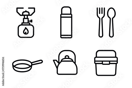Camping essentials icons: stove, thermos, cutlery, pan, kettle, lunchbox