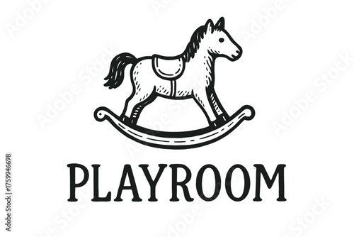 Vintage rocking horse illustration with playroom text in black and white