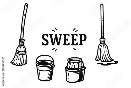 Illustration of brooms and buckets with the word 'sweep' highlighted
