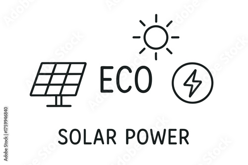 Eco-friendly solar power icons: sun, solar panel, energy symbol